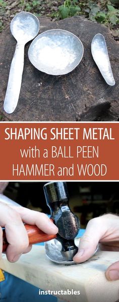 two spoons are being used to shape metal with a hammer and wood