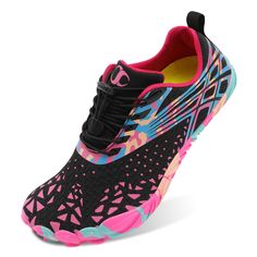 a woman's black and pink sneaker with an abstract design on the side