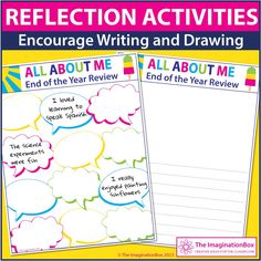 two writing and drawing worksheets with the words,'all about me end of the year review '