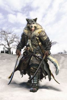 a man dressed up as a wolf warrior with two swords in his hand, walking through the snow