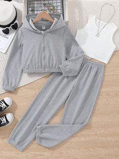 3pcs/Set Tween Girls' Zip Front Hooded Jacket, Round Neck Vest And Pants Set Grey Casual    Plain  Non-Stretch  Tween Girls Clothing, size features are:Bust: ,Length: ,Sleeve Length: Cute Aesthetic Stuff To Buy, Cute Outfits For 10 Yo, 5th Grade Girl Outfits, Clothes For 10 Yrs Old, Fall Outfits For Girls 10-12, Clothes For 12 Year Girl, 12 Year Girl Outfits, Cute Clothes Outfits