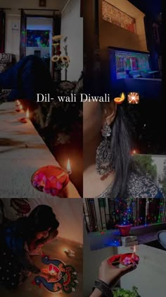 a collage of photos with different people lighting candles and decorating the table for diwali