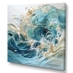 an abstract painting with blue and white waves