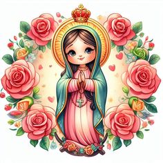 the virgin mary with roses around her