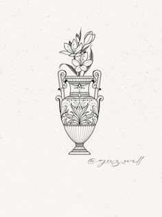 a black and white drawing of a vase with flowers in it