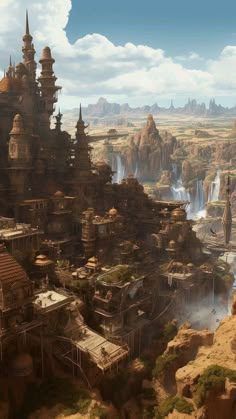 an artist's rendering of a city in the middle of a desert area with waterfalls