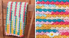 a crocheted blanket sitting on top of a wooden chair next to an image of a