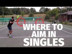 a man holding a tennis racquet on top of a tennis court with the words where to aim in singles