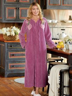 This classic chenille robe has the plush ribbed texture that has made chenille one of our top-rated fabrics. It's cozy and warm and has a comforting heft that's not too heavy or too light, which makes it the perfect bathrobe and lounger too. The robe is accented with pretty chenille blossoms as well as tufted detailing on the cuffs and along the 3/4 zip front and is finished with a flattering V-neckline. Classic chenille robe with tufted detailing and chenille flower blossoms Great for lounging Vermont Country Store, Floral Overlay, Clothes Shopping, Country Store, Womens Robes, Sleepwear Robe, Long Sleeve Maxi, Dress Size Chart, Sleepwear Women