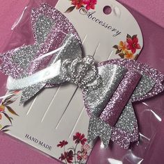 glitter pink and silver hair bow with gemstone crown on front Silver Glitter Hair Bow, Princess Hair Bows, Princess Hairstyles, Barrette Clip, Silver Hair, Barrettes, Hair Bows, Glitter, Hair Accessories