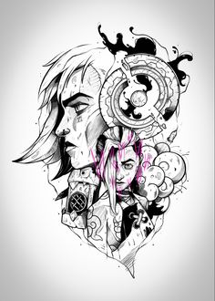 an artistic drawing of two women's faces, one with pink hair and the other with