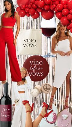 a collage of women in red and white outfits with wine, balloons, and shoes