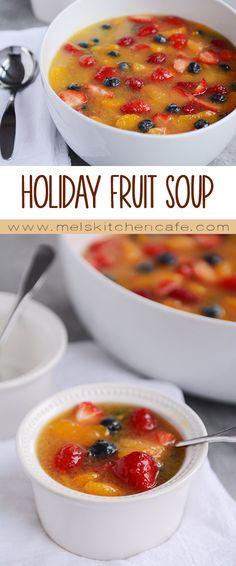 two bowls of fruit soup with spoons on the side