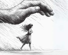 a drawing of a hand reaching out to a woman in the rain with her long hair