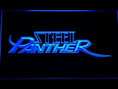 a neon sign that says steel panther in blue letters on a black background with the word,