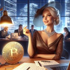 a woman sitting at a desk with a bitcoin in front of her