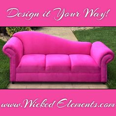 a pink couch sitting on top of a lush green field with the words design it your way