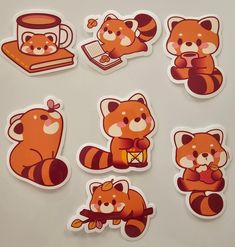 the stickers have different pictures of animals and coffee cups on them, as well as an image of a raccoon