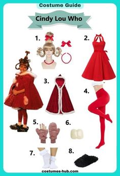 the costume guide for a girl who is dressed in red