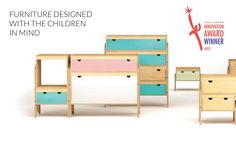 the furniture designed with the children in mind is made out of wood and colored drawers