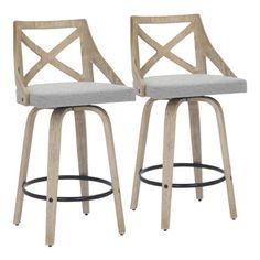 two wooden barstools with white upholstered seat and backrests, one is