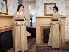 A photo collage shows a front and side view of a model wearing a tan floral Regency gown.  She stands in front of a fireplace and holds a fan. Dress Necklines, Mary Bennet, Practice Piano, Piano Practice, Regency Dress, Regency Fashion, Delicate Feminine, Regency Era, Body Oils