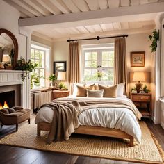 a bedroom with a bed, chair and fireplace in it's centerpieces