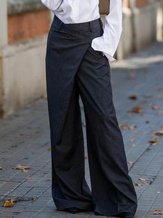 High Waisted Loose Asymmetric Solid Color Split-Joint Suit Pants Trousers GRAY BLACK-M Trousers Women Outfit, Autumn Pants, Autumn Trends, Fall Pants, Loose Trousers, Pantalon Large, Suit Pants, Daily Dress, Japan Fashion