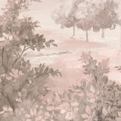 an artistic painting of trees and flowers on a pink wallpapered room with neutral tones