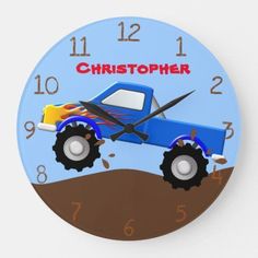 a clock with a blue monster truck on it's face and the words, christopher