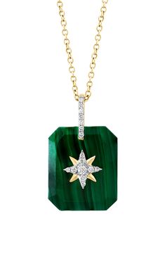 Add a celestial element to your look with this 14-karat yellow-gold necklace featuring a malachite pendant centered with a diamond-embellished star. 18" chain length 0.85" L x 0.51" W pendant Lobster clasp Total diamond weight: 0.X08ct. 14K yellow gold/malachite/diamonds Made in the USA Diamond Guide Epoxy Pendants, Malachite Necklace, Malachite Pendant, Malachite Jewelry, Diamond Guide, Art Deco Necklace, Diamond Pendant Necklace, Star Pendant, Diamond Pendant