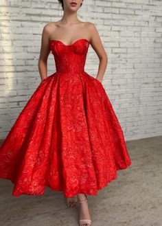 Tea Length Red Dress, Charity Ball Dress Gowns, Circle Skirt Ball Gown, Colorful Ball Gown, Red Party Dress Classy, Short Ball Gown Dresses, Dramatic Ball Gowns, Red Gowns Elegant, Princess Red Dress