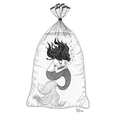 a black and white drawing of a mermaid sitting on top of a bag with her hair blowing