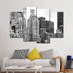 black and white cityscape with skyscrapers in the background canvas wall art print