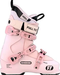 a pink snowboard boot with black and white trims on the bottom, in front of a white background