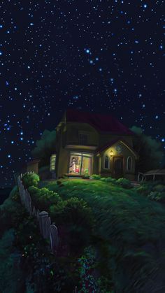 a painting of a house at night with stars in the sky