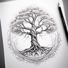 a drawing of a tree with its roots in the shape of a circle on paper