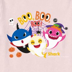 three cartoon characters on a pink shirt with boo boo boo written in the center and two ghost