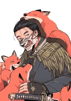 a drawing of a man with a fox on his shoulder and an arm around him