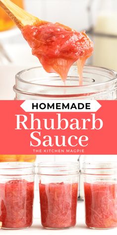 homemade rhubarb sauce in mason jars with text overlay reading homemade rhubarb sauce the kitchen magic