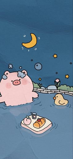 a cartoon pig floating on top of a body of water