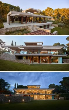 two different views of a house in the evening and at night, from top to bottom