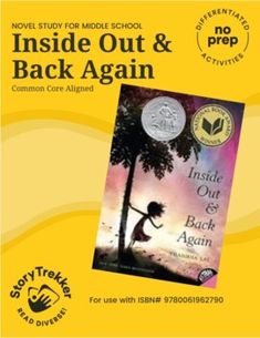 the inside out and back again book is in front of a yellow background with an image of