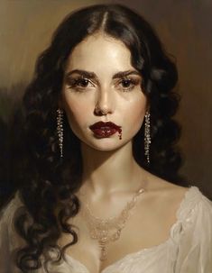 a painting of a woman with long hair and red lipstick on her face, wearing earrings