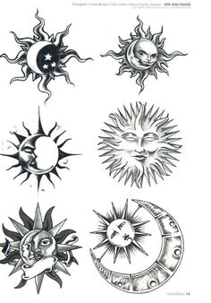 the sun and moon tattoo designs are shown in black and white, with different shapes