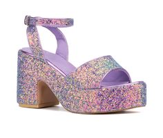 The Capricorn lives true to its name, embodying ambition and sophistication. Set your sights high with this dazzling glitter platform heel, a captivating statement piece that adds an extra sparkle to your stride. Glitter Fabric upper, Ankle strap with adjustable buckle closure,3.8\ block heel / platform, Open round toe, Faux Leather lined footbed, Rubber outsole | Women's Olivia Miller Capricorn Platform Dress Sandals in Lilac Glitter Size 10 Trending Heels, Capricorn Women, Olivia Miller, Elevated Style, Platform Block Heels, Closed Toe Shoes, Platform Heel, Shoes Heels Pumps, Womens Wedges