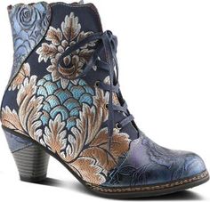 Leather Inlay, L'artiste By Spring Step, Mint And Navy, Spring Step Shoes, Rubber Boot, Embroidered Leather, Intricate Embroidery, Leather Cap, Artist Style