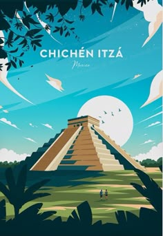 an image of the chichen itza pyramid in mexico with birds flying over it