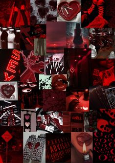 a collage of red and black images with hearts, candles, lipstick, bottles