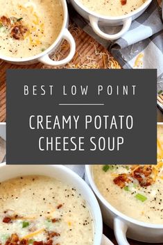 creamy potato cheese soup in white bowls with text overlay